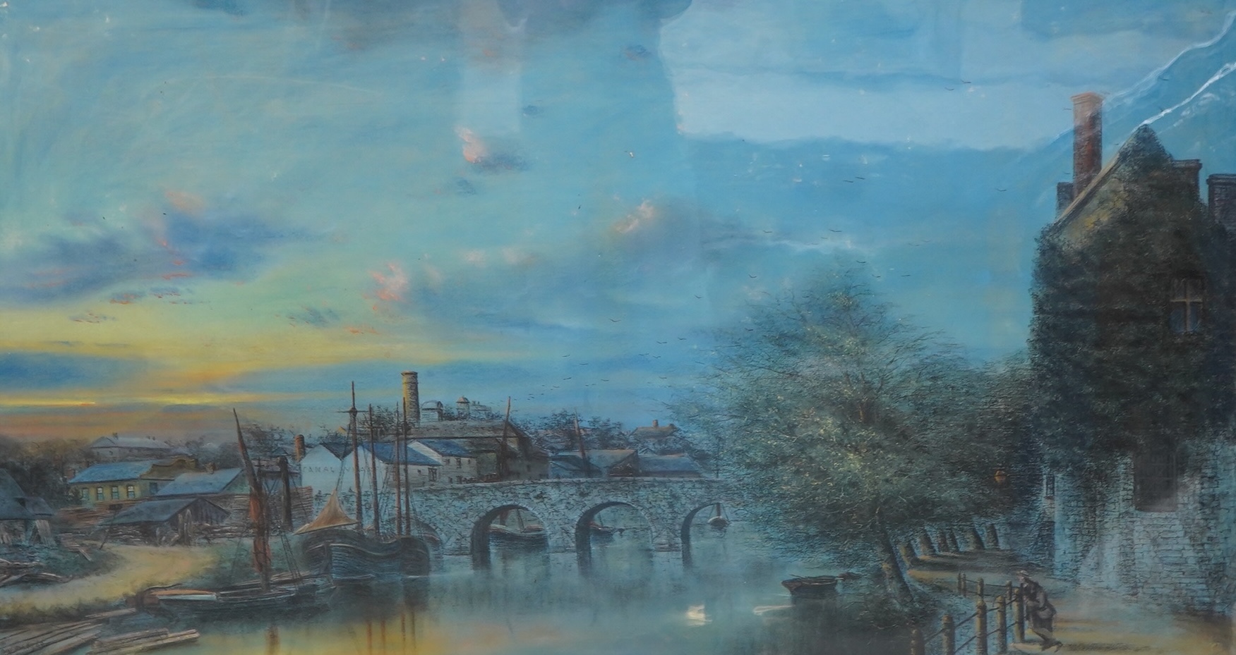19th century, English school, pastel, extensive Maidstone riverscape, indistinctly signed, Thos Col..? and dated ‘49, ornate gilt framed, 69 x 124cm. Condition- fair to good